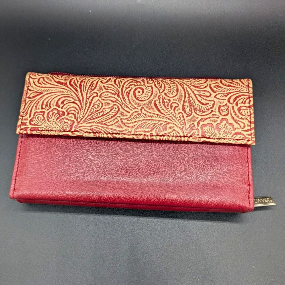 Dayrunner bRed Beige Floral Folding Zip-Around Wallet Organizer Card Slots